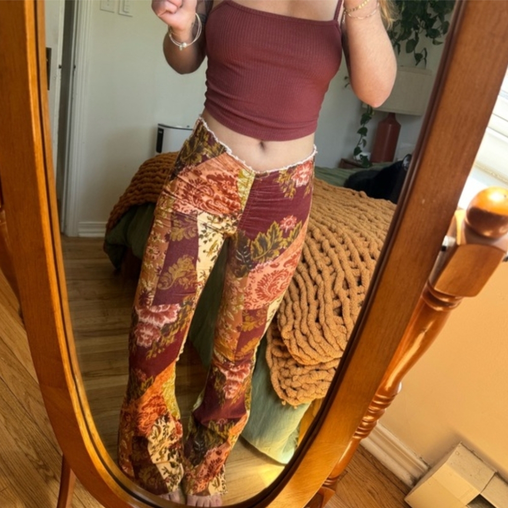 Velvet Floral Patchwork 60s 70s Vintage Aesthetic Bell Bottom Flare Pants Boho - Picture 15 of 15
